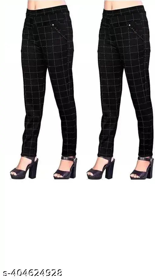 Stretchy black-on-black checked net jeggings combo pack (2), SAVI women's/girls double pocket design for ultimate comfort and style