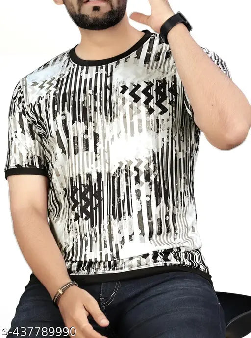DHARNATH CREATION men's graphic round t-shirt, printed polyester with short sleeves, India-made, size S (36in chest, 26in length)