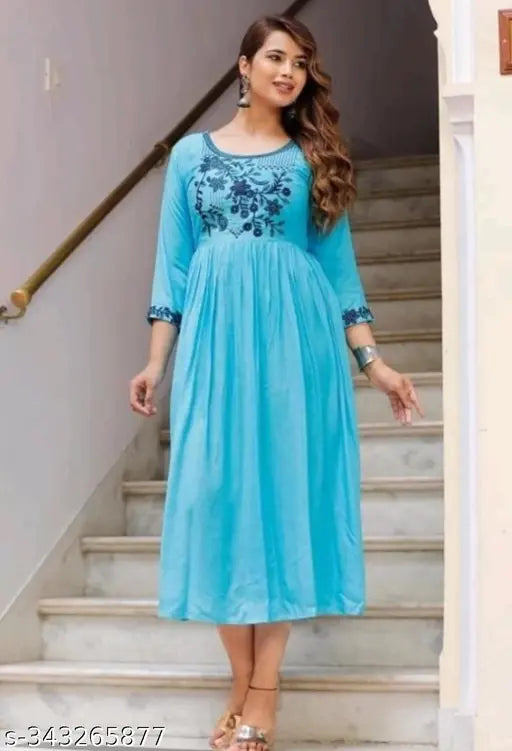 Blue rayon anarkali kurti, embroidered three-quarter sleeve, women's fashion, Indian traditional wear