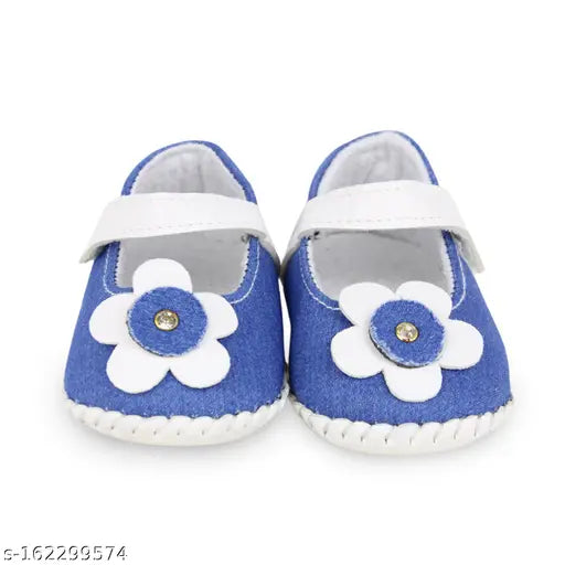 Blue denim, white flower embroidery on baby sandals
