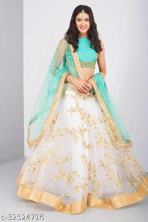 White net semi-stitched silk blend Lehenga Choli with embellished embroidery, free size, 2.5m lehenga length, 43m waist, 2.1m dupatta, India origin