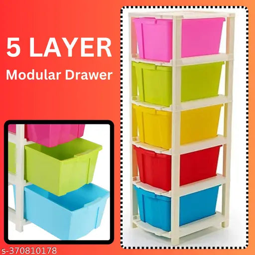 Multi-coloured modular plastic storage system with 12 drawers, 4 shelves and a desk for home office or school use, measures 85cm long x 32cm wide x 27cm tall when assembled