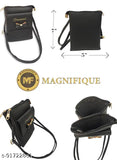 Black leather cross body sling bag with multiple compartments and adjustable strap