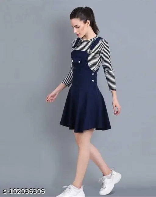 Navy Lycra three-quarter sleeve dungaree for women, solid net pattern on display