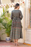 Green rayon printed embroidered flared anarkali gown kurta for women, three-quarter sleeves