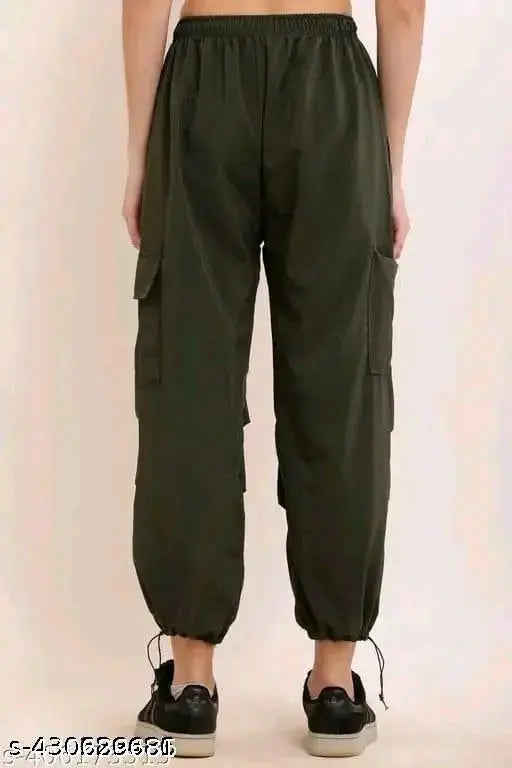 Black cotton blend cargo pants for women