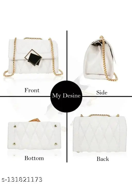 Girls Latest Stylish White Sling Bag, Black strap