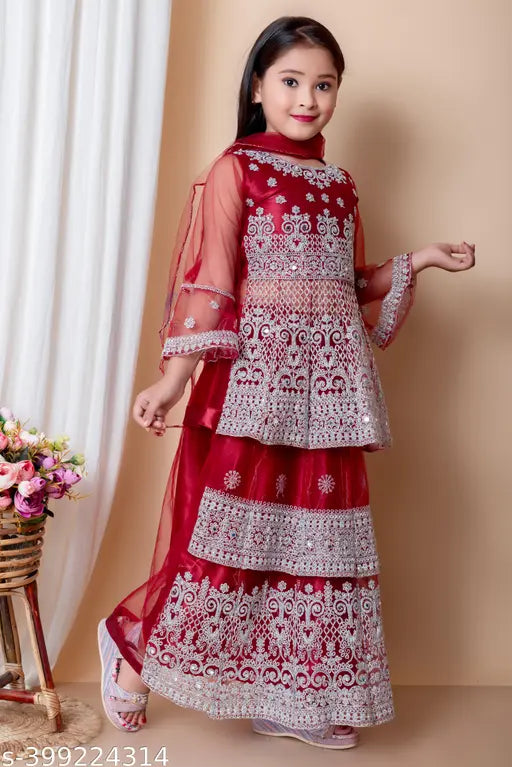 Maroon embroidered net Lehenga Choli, intricate work, perfect for festive wear on beautiful girls