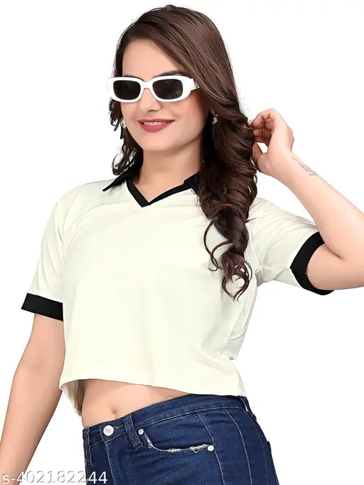 Lycra polo t-shirt, solid white crop collar for women and girls on hangar