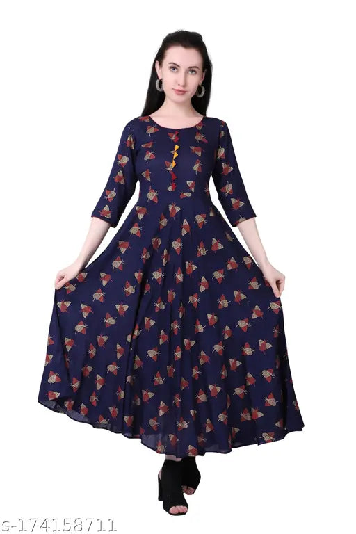 Rayon printed Meesorra Long Kurti, three-quarter sleeves, vibrant Indian print for all sizes M, L, XXXL