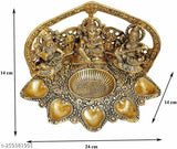 Gold-plated Ganesh Laxmi Saraswati Idol with 5 Face Diya, traditional Indian decor for home or office, 14cm metal showpiece