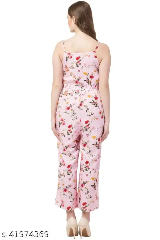 Pink poly crepe sleeveless Lovelight Western jumpsuit, floral print from India