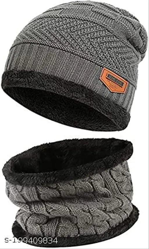 Grey woolen beanie & muffler combo, warm fur lining, perfect winter wear for all