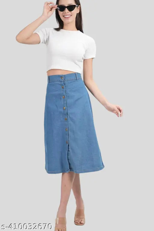 Denim skirt for women by Noor Enterprises, solid navy blue denim skirts available in sizes 28, 30, 32