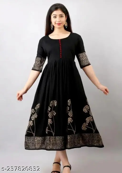 Black Rayon Flared Kurta with Printed Combo, three-quarter sleeves, suitable for Indian ladies' wardrobes and various seasons. Hand Block added for a complete ensemble