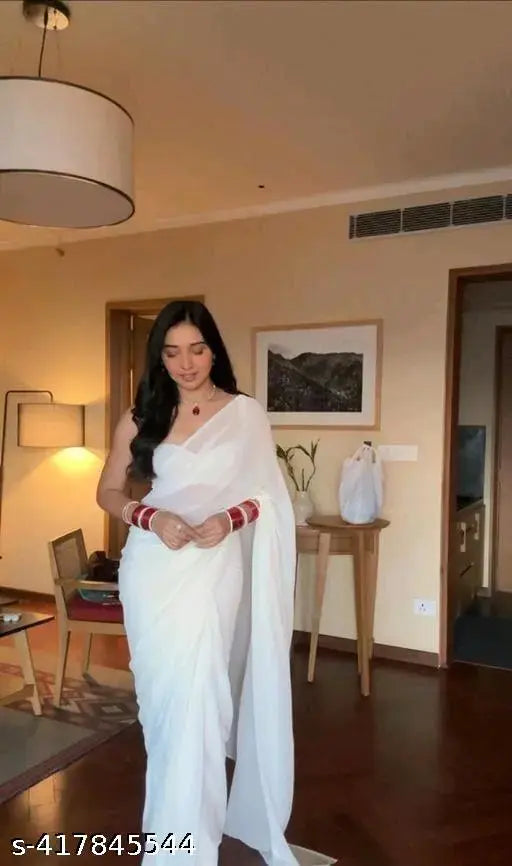 White unstitched traditional saree with pallu, long length