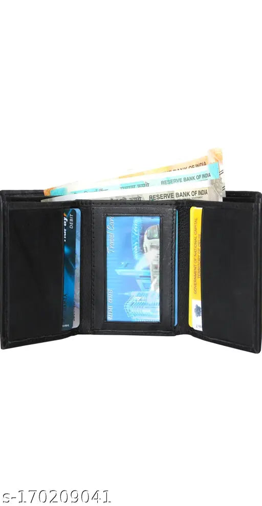 Black genuine leather 3-fold men's wallet, solid pattern with five compartments. Compact, lightweight design, ideal for formal events. Made by Megrek, India origin