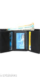 Black genuine leather 3-fold men's wallet, solid pattern with five compartments. Compact, lightweight design, ideal for formal events. Made by Megrek, India origin