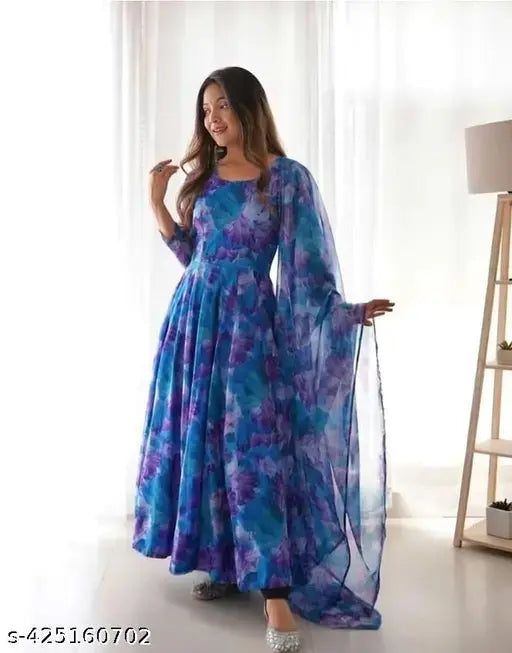 Georgette Medha gown set with printed net three-quarter sleeve dupatta, Indian fashion for women