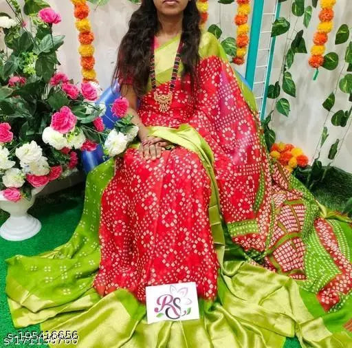 Chiffon bhandhani print saree with running blouse, Indian-origin free size, moss fabric, zari woven border, multi-colored pallu, dry clean only