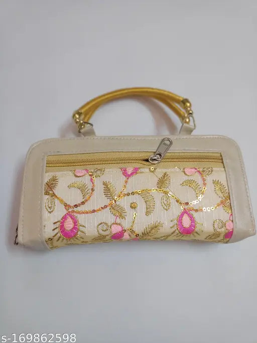Womens wallet clutch purse. Embellished pattern, gold chain closure