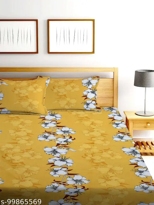 Mustard and white flower floral-print Premium Glace cotton flat double bedsheets, supersoft breathable & wrinkle-free for summer AC 220 TC, 90 x 90 inches bedsheet set with 2 pillow covers