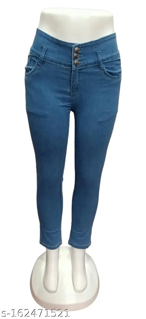 Mid-rise slim fit blue denim jeans with three front buttons for women