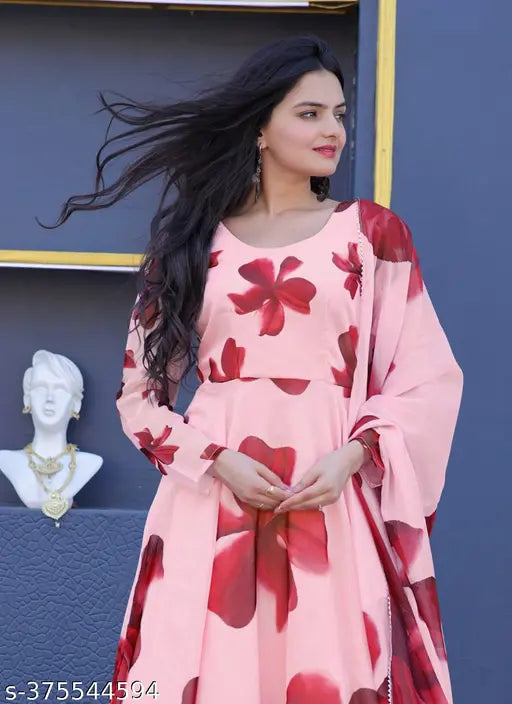 Women's digital print floral tebby silk regular fit round neck casual wear gown with dupatta