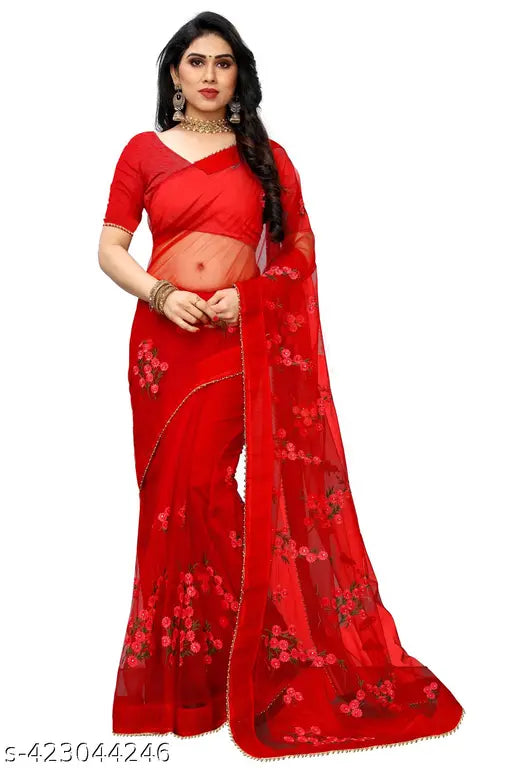 Beautiful Net Floral Thread Embroidery Saree with Moti Lace Border, free size, lightweight and comfortable for various occasions, handcrafted in India