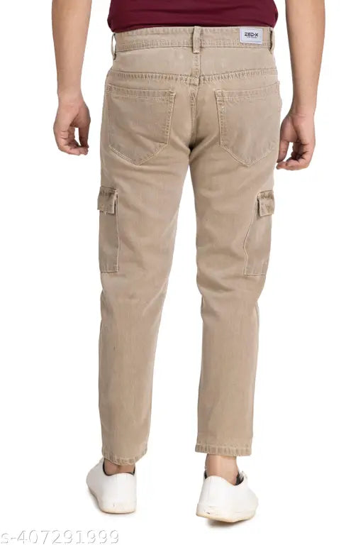 Brown denim cargo pants with six pockets, side zip closure