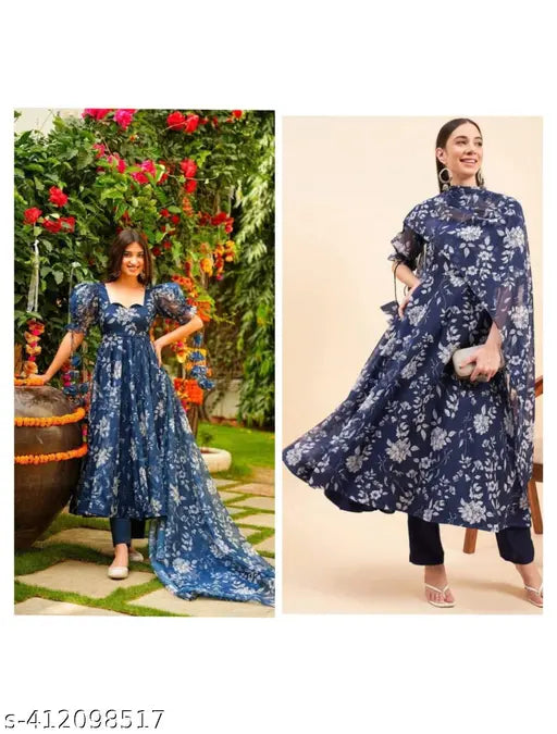 Blue organza Kurta with stylized neck, short sleeves, and digital print. Full-stitched design, flair lining, and matching dupatta. Perfect for parties, weddings, or festive events. Indian origin