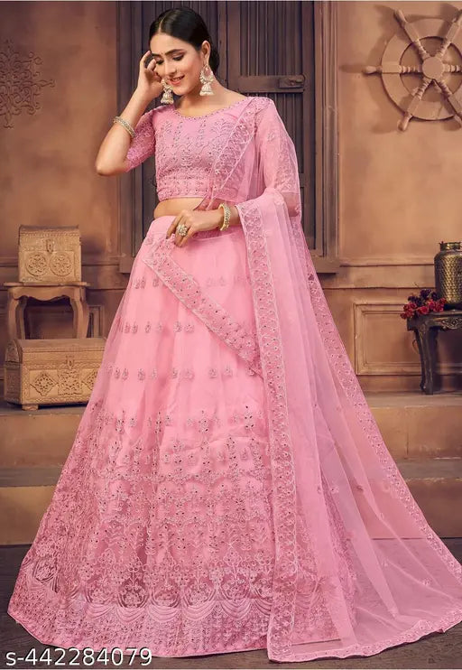 Trendy pink embroidered lehenga choli set with dupatta, free size, net fabric, Indian origin