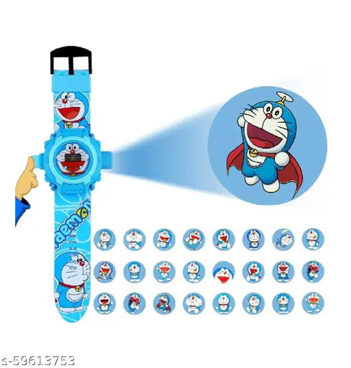 Digital watch, blue strap, black face with digital display
