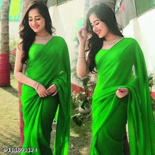 Green Georgette saree with border, floor length, sleeveless blouse