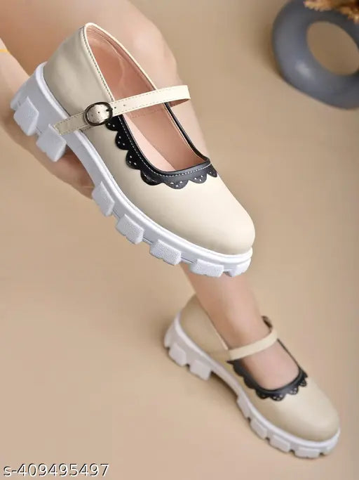 Synthetic cream round toe Mary Janes with buckle detail - black Ballerinas for women & girls (India)