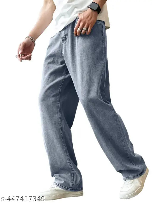 Mens regular grey wash baggy jeans with zip closure