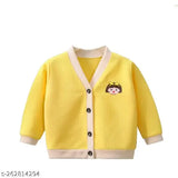 Cotton blend front button cardigan for infant boys and girls, vibrant yellow color, easy to put on or off with long sleeves and V neck design. Perfect winter layers, hand wash only