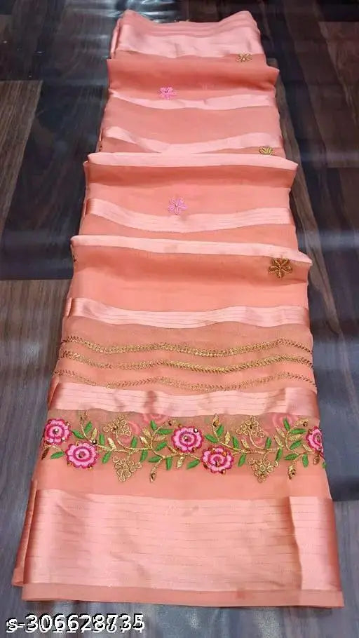 Peach Georgette saree with floral embroidery and satin border
