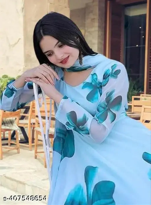 Light blue floral print Georgette Anarkali dress set for women, Indian ethnic wear with dupatta
