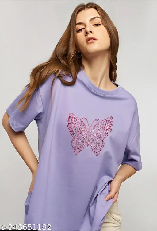Women Oversized Pure Cotton T-Shirt With Butterfly-Design Sparkling Rhinestones, Glitters, Sequins. Trendy For Party, Disc, Clubs, Festivals. Purple Loose-Long, Baggy Fit, Drop Shoulder T-Shirt For Summer.