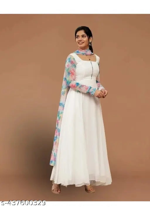 Georgette Anarkali dress & dupata, solid net, long sleeves, Indian traditional wear for women
