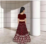 Matani Maroon satin lehenga choli with net dupatta, embroidered and stitched. Indian traditional kids outfit for ages 1-15 years