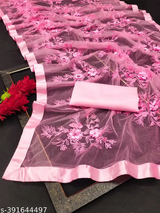 Embroidered Bollywood pink net party wear saree with multiple blouse, cotton silk fabric, free size