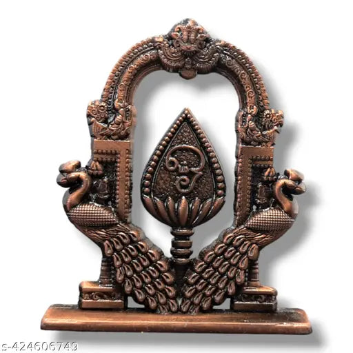 Copper-plated Murugan OM Vel with Peacock: Antique Indian idol for car dashboards or home decor, embodying spiritual grace and elegance