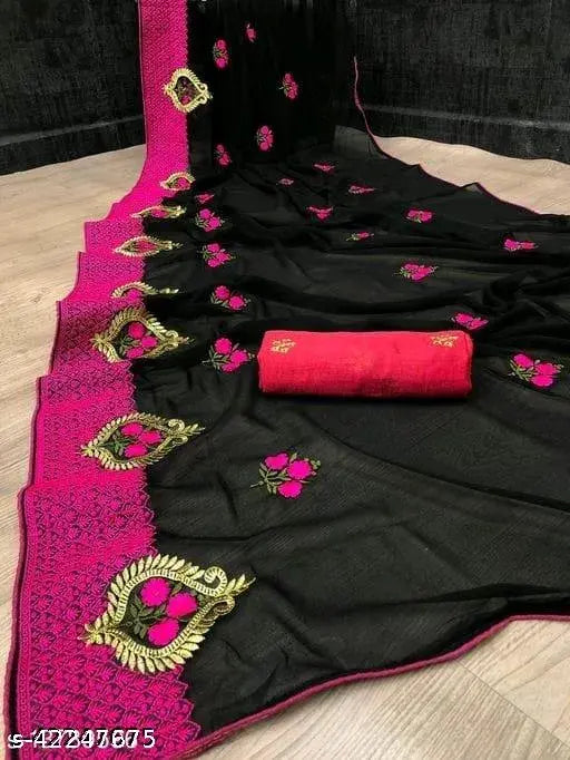Pink saree with red trim, floral embroidery