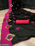 Pink saree with red trim, floral embroidery