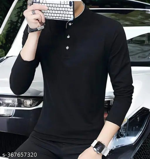 Refinado fashion cotton blend long-sleeve solid T-shirt, comfortable men's style from India
