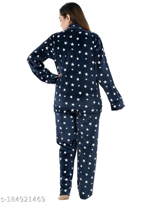 Navy Blue velvet pajama set, premium quality floral design women's long sleeve night suit by NACNO