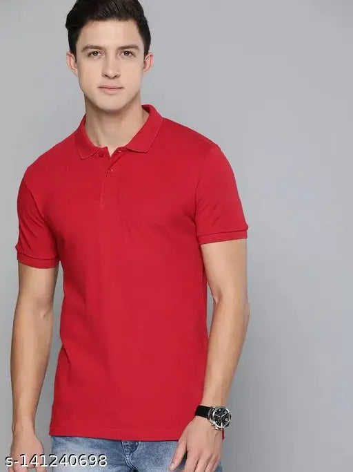 Red cotton blend premium men's polo t-shirt, short sleeves - Made in India