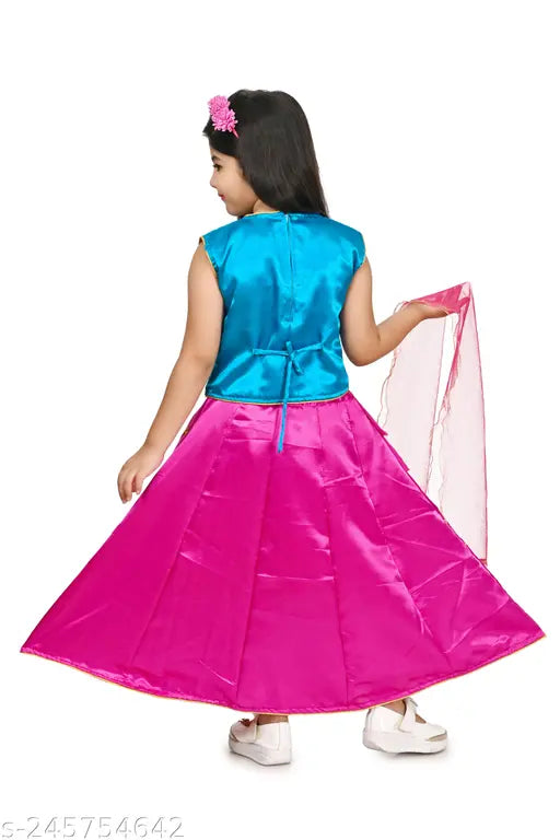kids cotton cambric lehenga, chiffon dupatta & net sleeve set - embellished, stitched outfit for girls, 3-12 years, India
